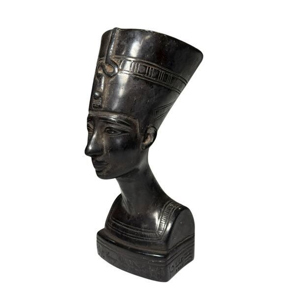 Egyptian King Tut Queen Nefertiti Bust Set Carved Stone Hieroglyphic Black Decor - Picture 9 of 16